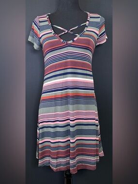 #150- Socialite Striped Crisscross V-Neck Midi Dress in Pink, Navy & Olive